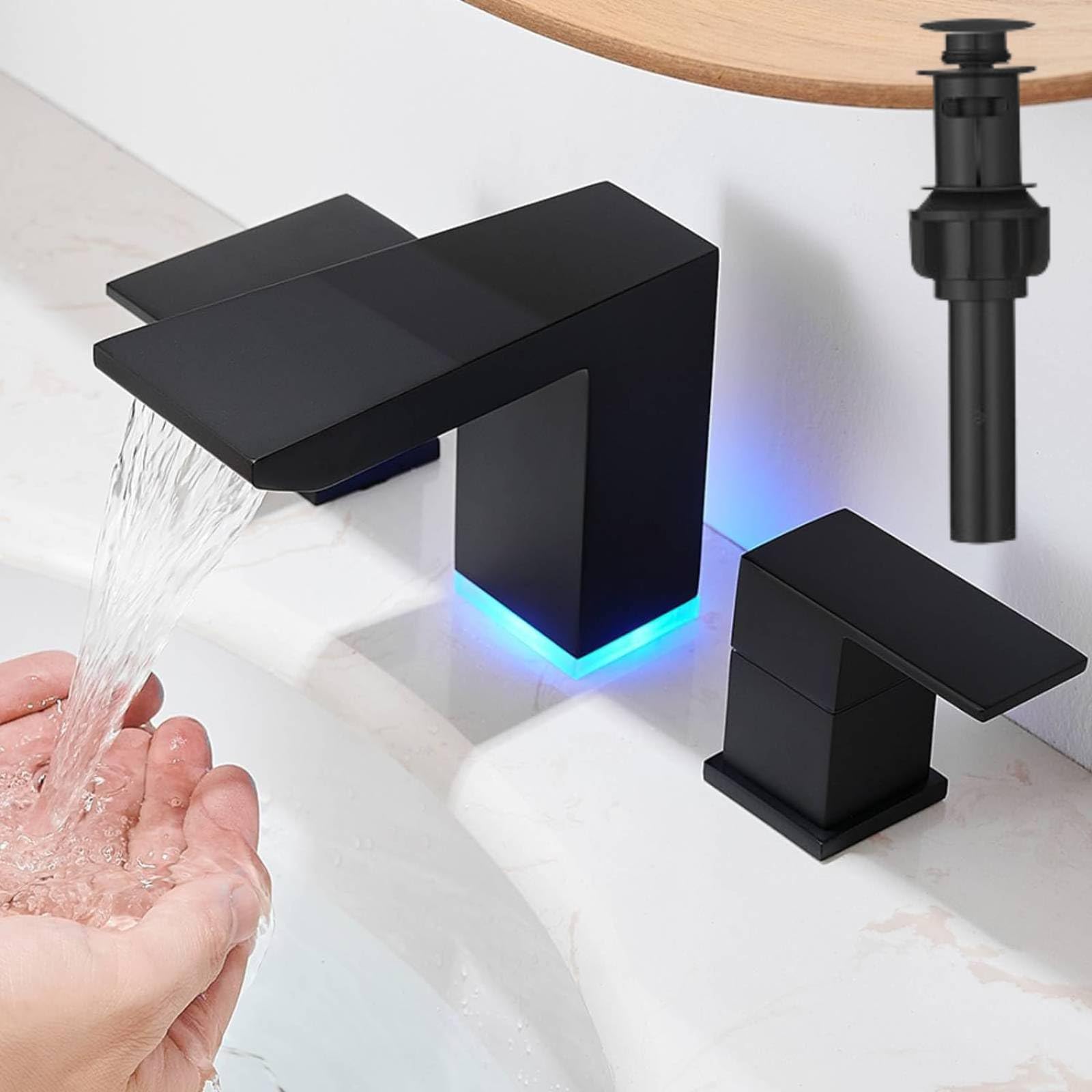 BESy Led 3 Hole Bathroom Sink Faucet, Matte Black Waterfall Widespread Bathroom Faucet with 3 Colors Light Changing, 2 Handle with Supply Lines with Pop Up Drain