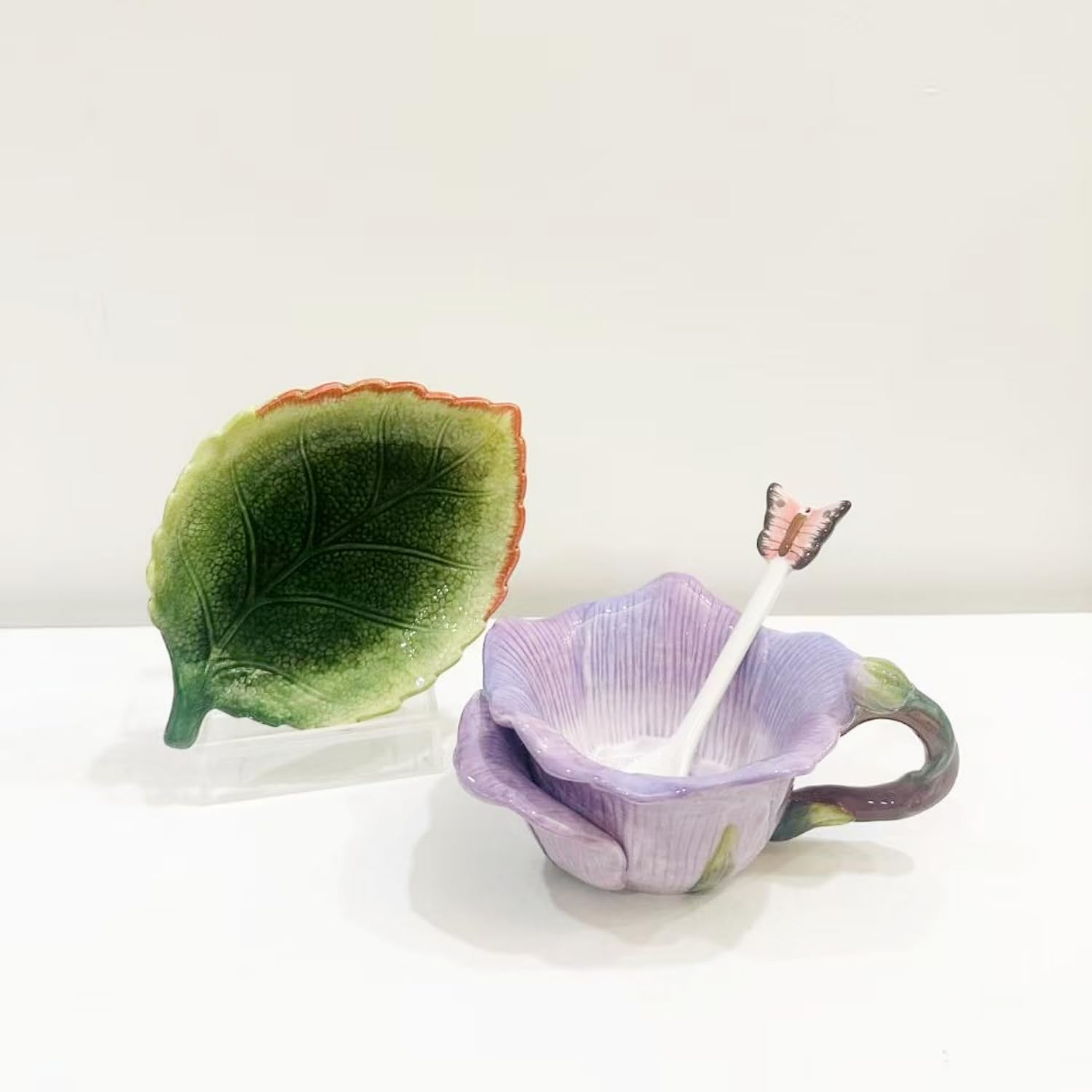 Ceramic Tea Cup and Saucer Set ,6OZ 3D Hand-Painted Flower and Lotus Leaf Coffee Mug,Gift for Women- Pinkish Purple Rose - Image 3