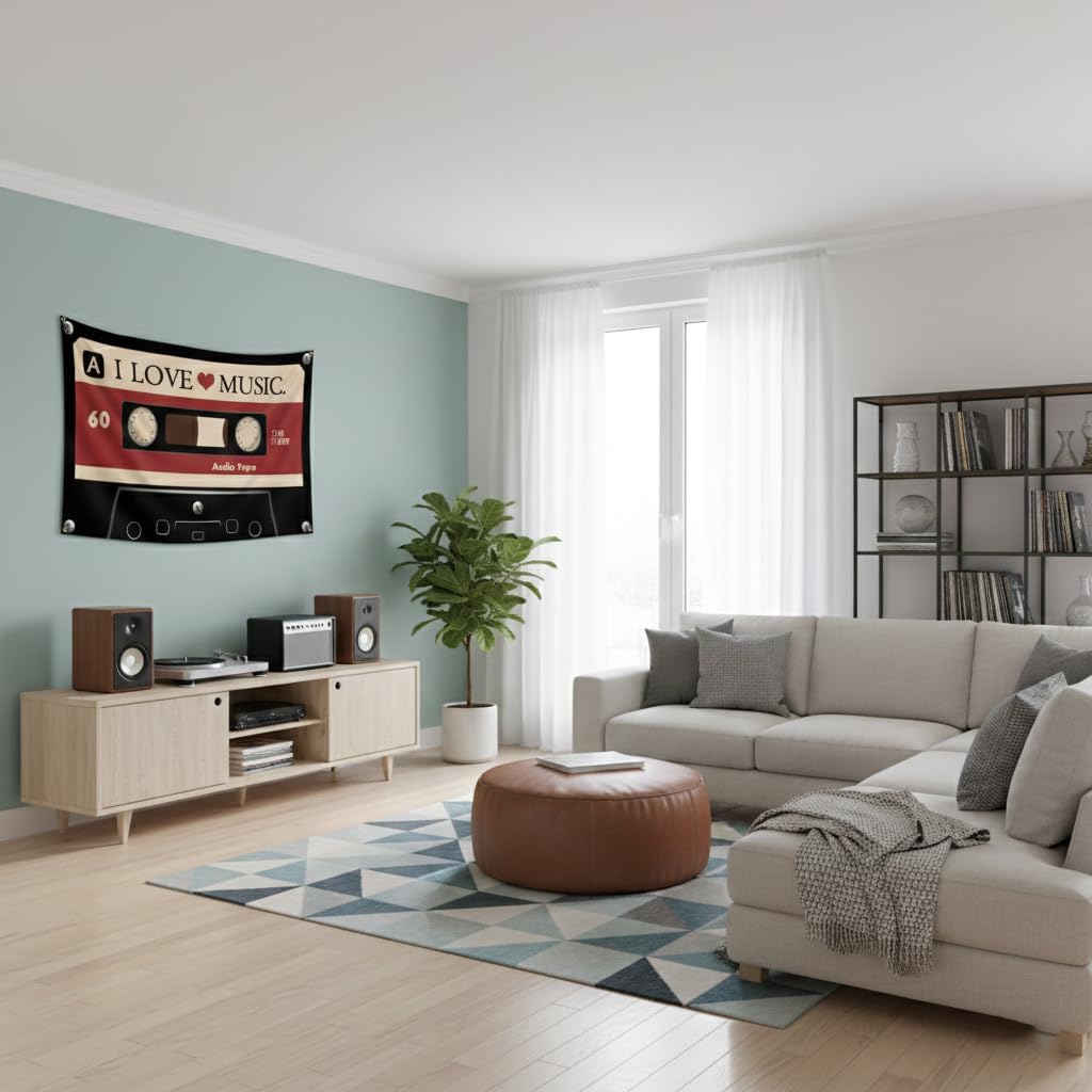 I LOVE MUSIC Flag 3x5 Ft - Y2K Grunge Decor Downtown Girl Aesthetic, Vintage Cassette Tape Tapestry for Bedroom, Retro 90s Indie Alt Scene Wall Banner with 4 Grommets for Teen Girls Dorm