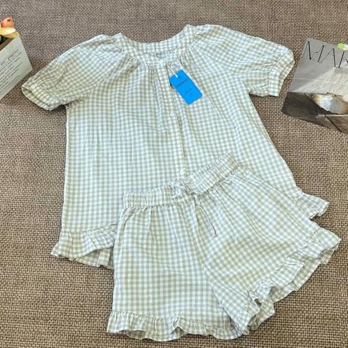 Image of codcm Womens 2 Piece Ruffle Pajama Set Gingham Pjs Short Sleeve Babydoll Shirt and Shorts Plaid Summer Outfits