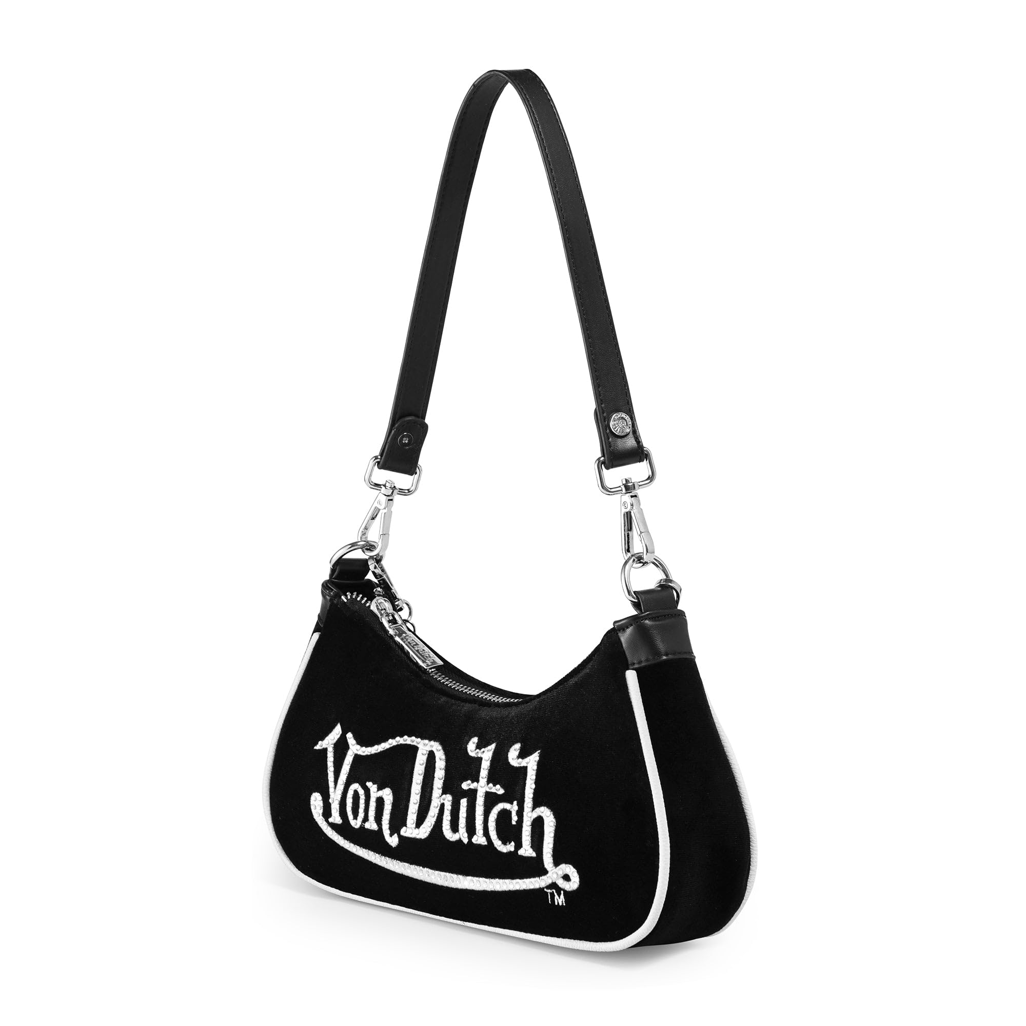 Von Dutch Womens Rhinestone Shoulder Bag – Stylish Handbag with Adjustable Strap, Spacious Interior, and Iconic Logo Design (Black and White Rhinestone)