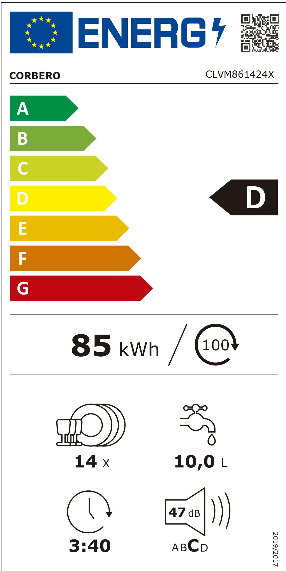 Corberó - Lavavajillas Gama Excellence | CLVM861424W | 14 Servicios | 6 Programas, 4 Temperaturas, Indicadores LED, Inicio Diferido, 3ª Bandeja, Función Media Carga | Blanco