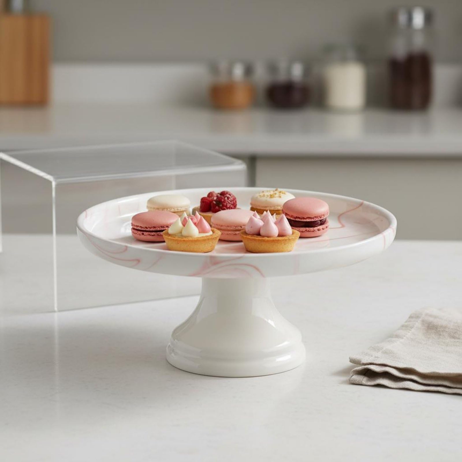 Gralara Alzata in Ceramica Effetto Marmo Multistrato Piatto da Torta con Piedistallo Finitura Dorata per Matrimoni, Red Marble, 25CM High Foot Stand