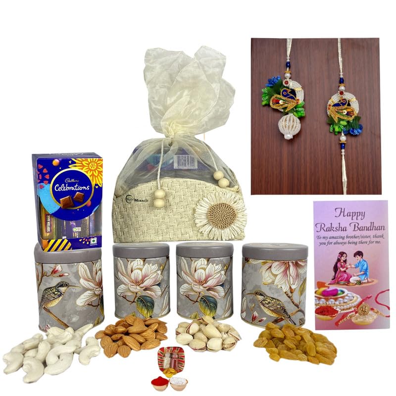 Image of NUTRI MIRACLE Rakhi Celebration Hamper for Sister Packed with Healthy Goodies | Wedding Gift with Gourmet Chocolates and Dry Fruits