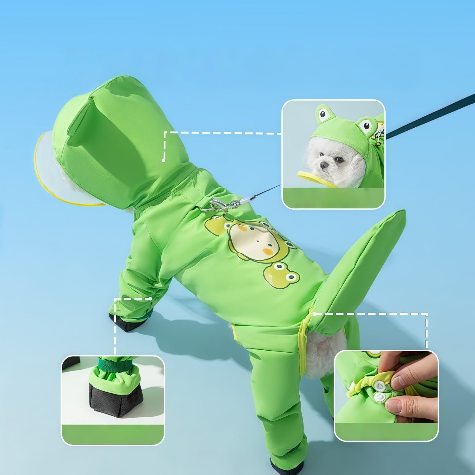 Impermeabile per cani con stivali – Giacca antipioggia per animali domestici impermeabile a copertura completa con cappuccio, copertura della coda rimovibile, suola in PU, anello per guinzaglio