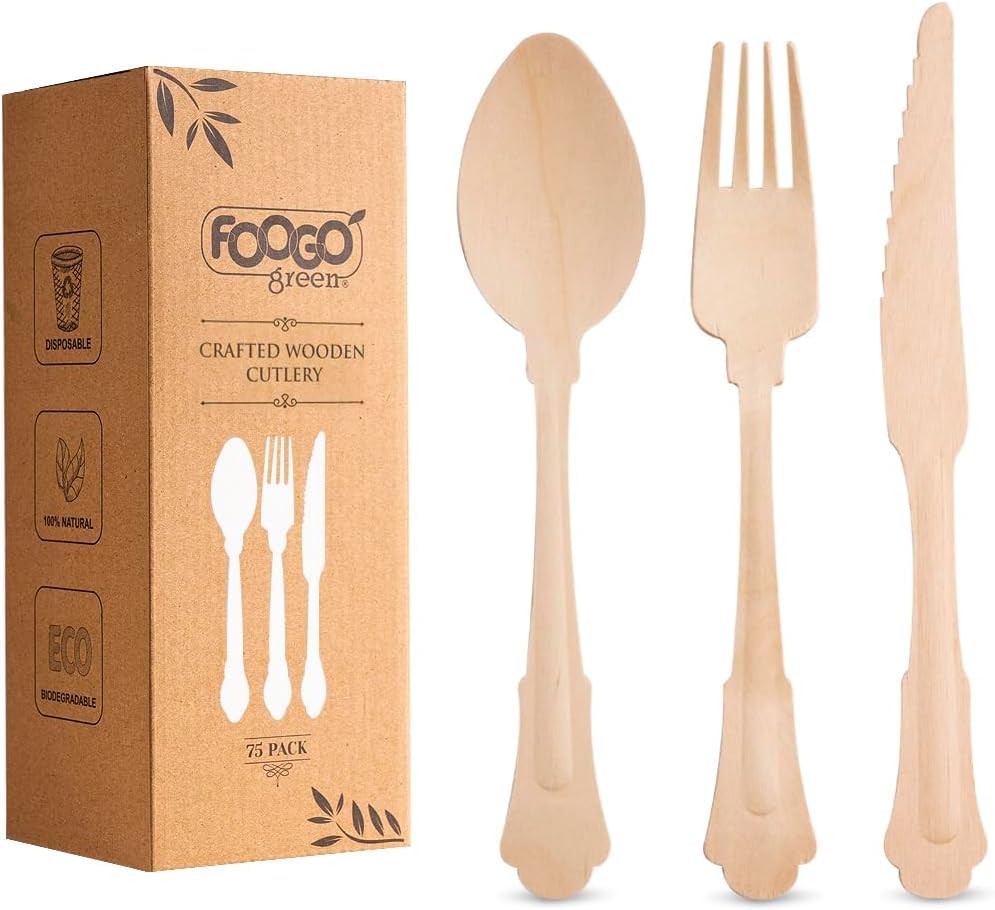 FOOGO Green 600pcs Elegant Disposable Wooden Cutlery Set, FSC® Certified, 200x Forks 200x Spoons 200x Knives, 20cm, Biodegradable Eco Friendly Cutlery Set, Ideal for Weddings