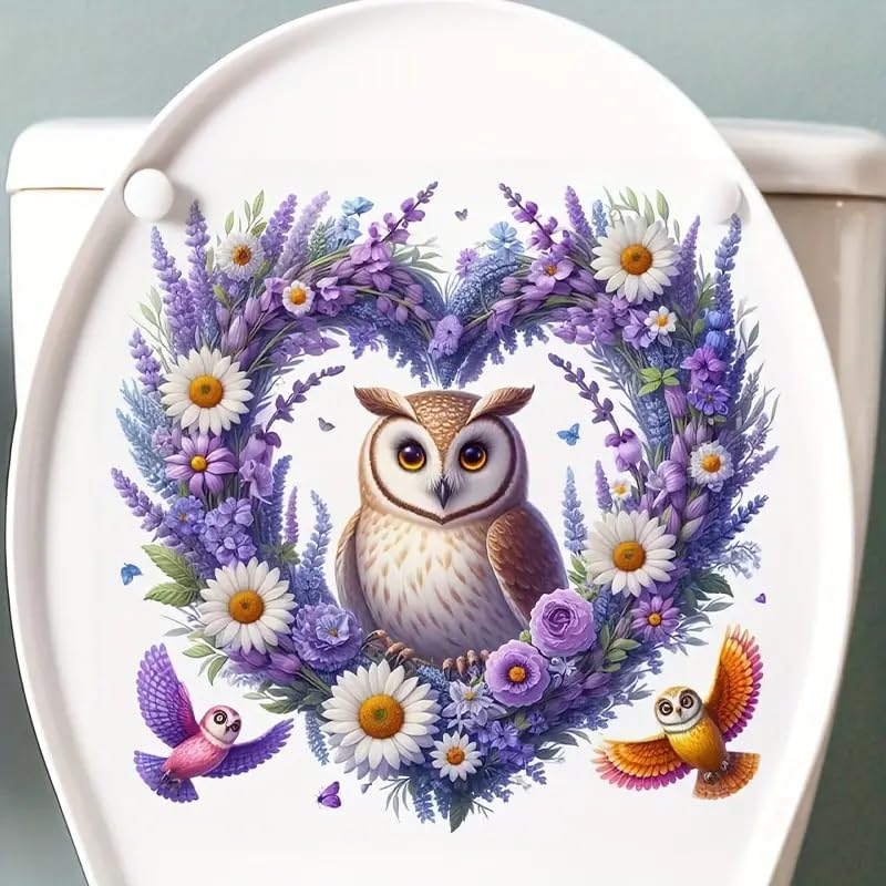 Vibrant Owl Love Flower Toilet Cover Sticker Decals,Fish Bird Flower Leaf Waterproof Toilet Lid Tank Seat Decals Cistern Self-Adhesive Bathroom Wall Sticker
