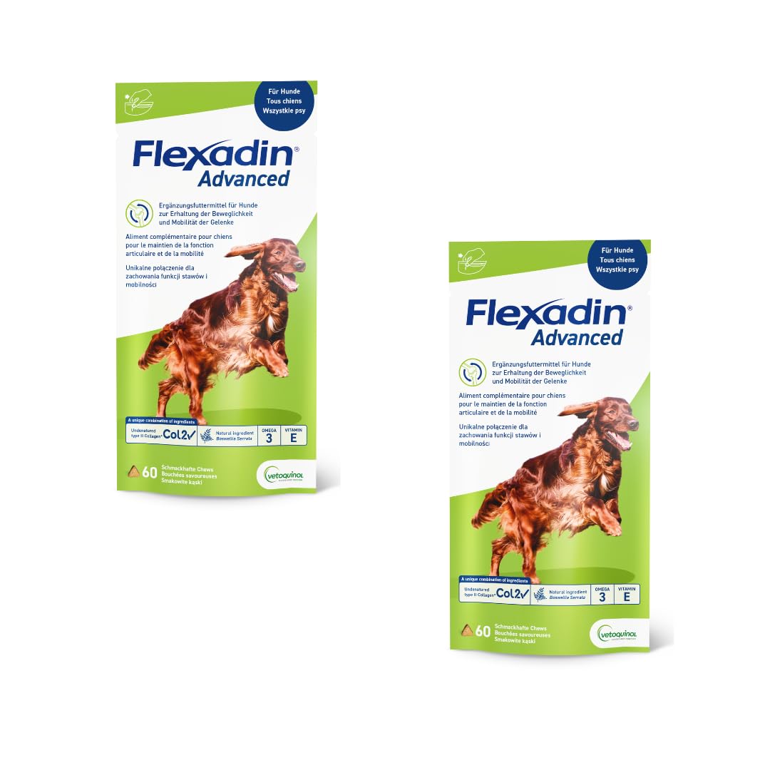 Flexadin Advanced para perros | Paquete doble | 2 x 60 Chews | Complemento alimenticio para apoyar la salud articular | Con colágeno inmunoactivo, Omega-3 y vitamina E