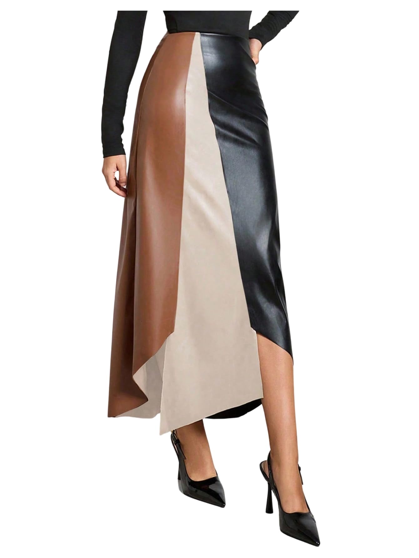 SOLY HUX Womens Color Block Faux Leather Skirts High Waisted Asymmetrical Long Skirt