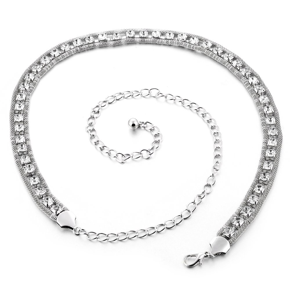 Trimming Shop Women's #Square Diamante - Silver Waist Belt Adjustable Metal Body Chain Stylish Clasp, Fashionable Accessory Waistband Casual And Formal Wear, Dress, Western Outfits