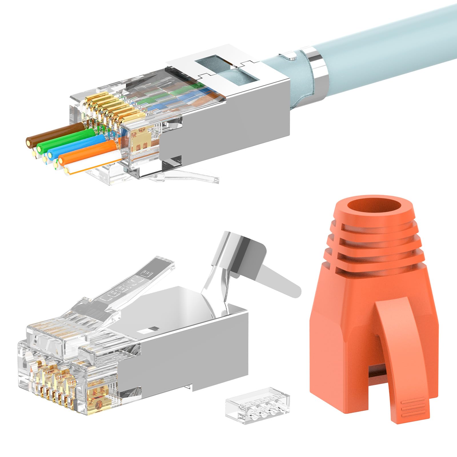 LEENUE 10 Stück RJ45 Stecker CAT 7 Pass Through, Vergoldet Netzwerkstecker CAT7 CAT6A, 10Gbps, Lan Stecker POE für Verlegekabel Geschirmt mit Einfädelhilfe und Knickschutz, Orange
