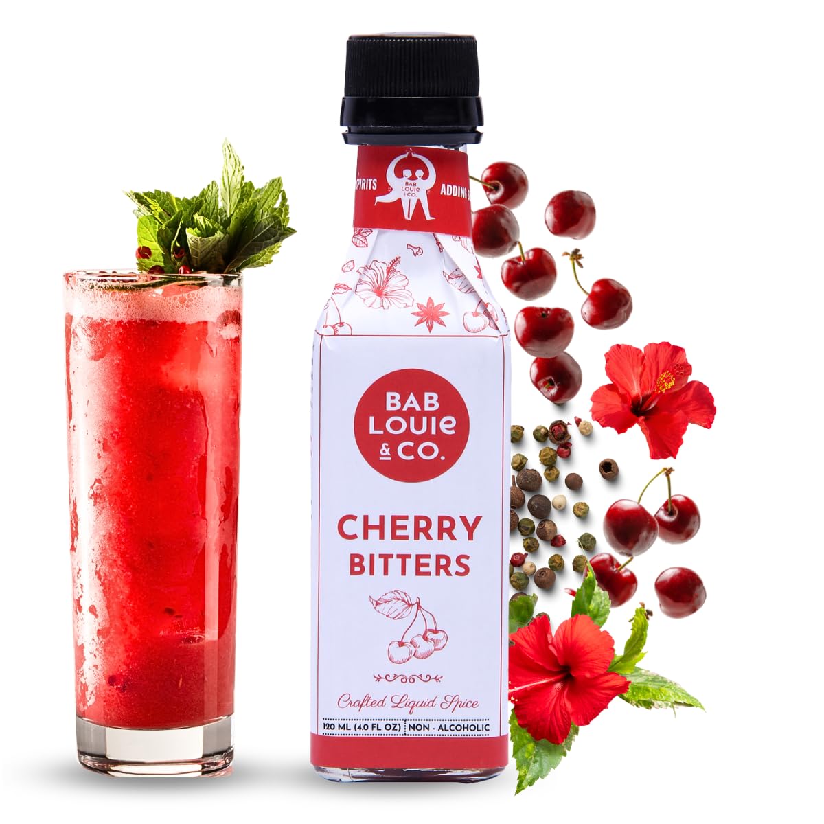 Bab Louie & Co. Cherry for Cocktails | India's First Non-Alcoholic Handcrafted Bitters | 100% Natural Made with Real Fruits, Herbs & Spices | Tart Bitter Taste Notes, Cosmopolitan, Margarita, Cherry Sour, Gin and Tonic, Cocktails & Mocktails | Zero Preservatives | Zero Sugar | 120ml