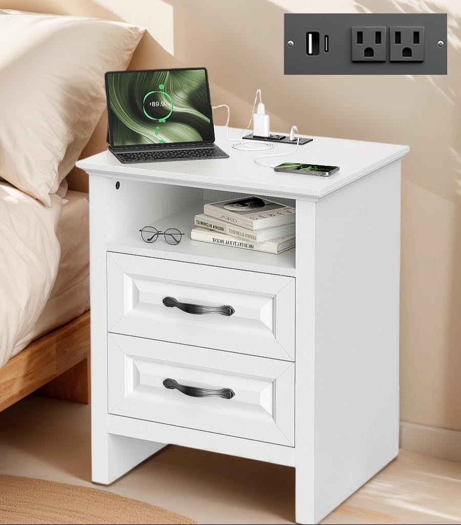 Marsail Farmhouse Nightstand with Charging Station, Bedside Table with 2 Drawers Storage and Open Shelf, Bedside Cabinet for Bedroom, Rustic Side Table, Antique White