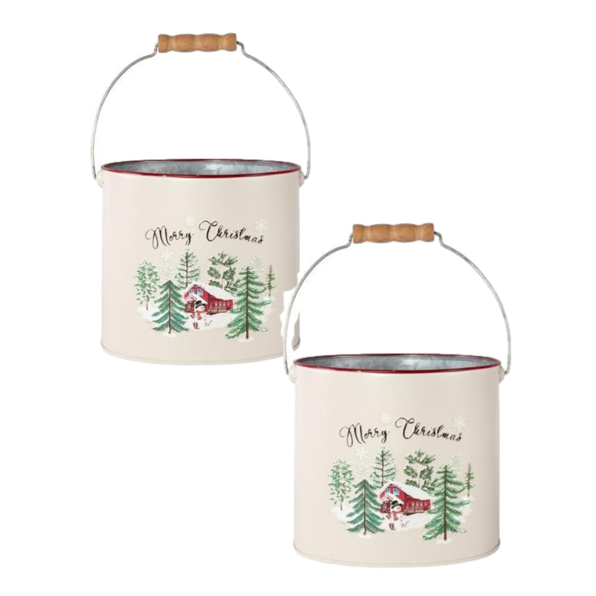 Fyne-Finds White Tin Pail Bucket With Handle 18Cm, 7Inch Merry Christmas House Tree Snow Scene Planter Xmas Plant Pot Gift (2)