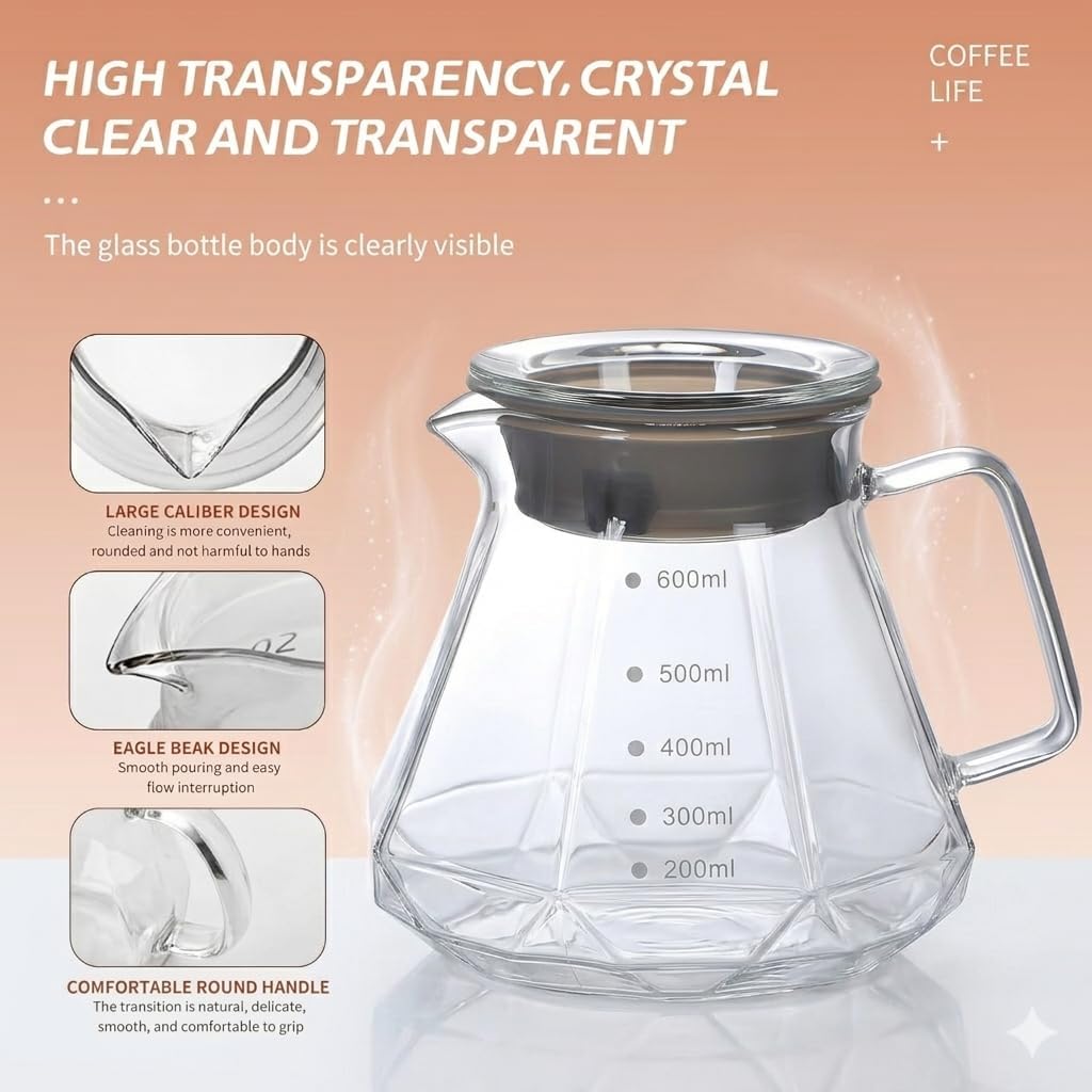 Glass Coffee Maker Carafe with V60 Dripper Server for Pour Over Coffee Brewing (600, Milliliters)