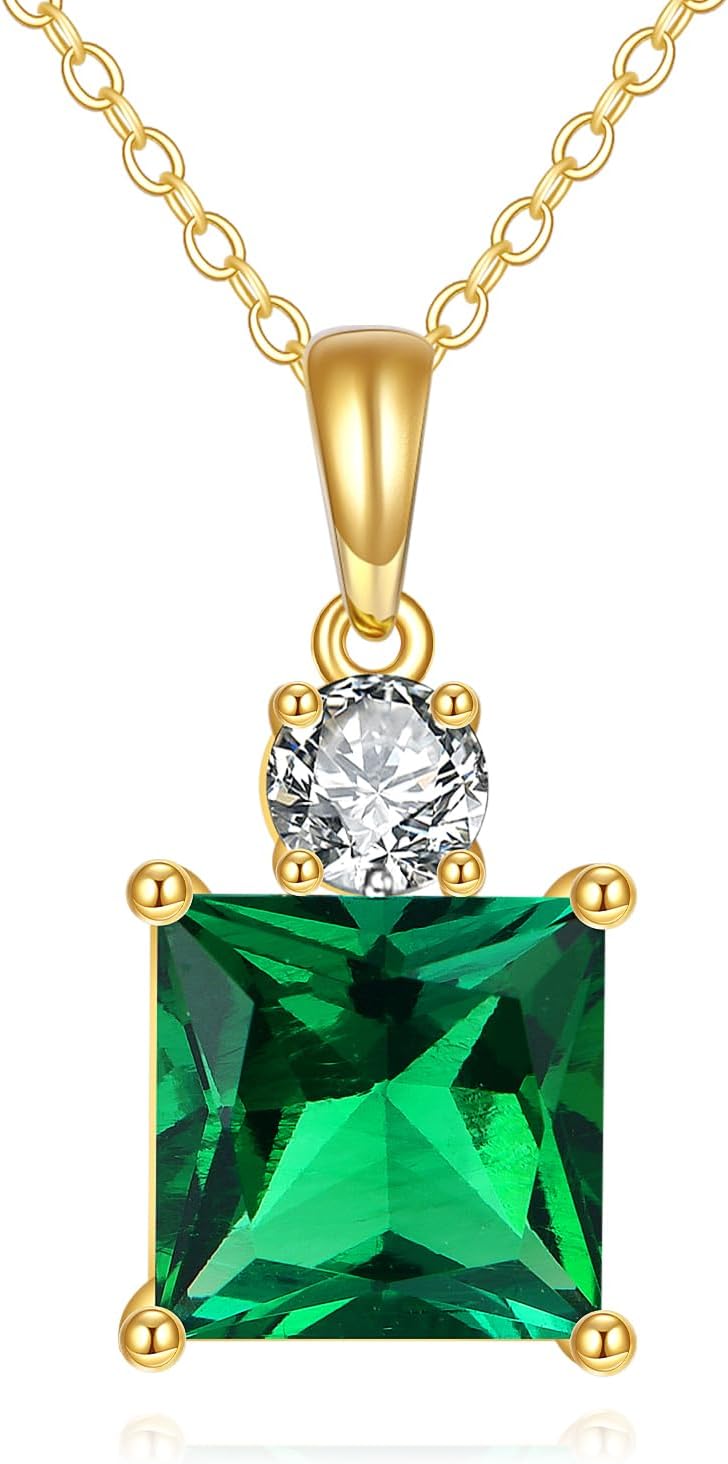 DOVRAN 14K Solid Yellow Gold Green Emerald Pendant Necklaces (1.75 Carat,8mm Square Emerald) Engagement Valentine's Day Gift for Women