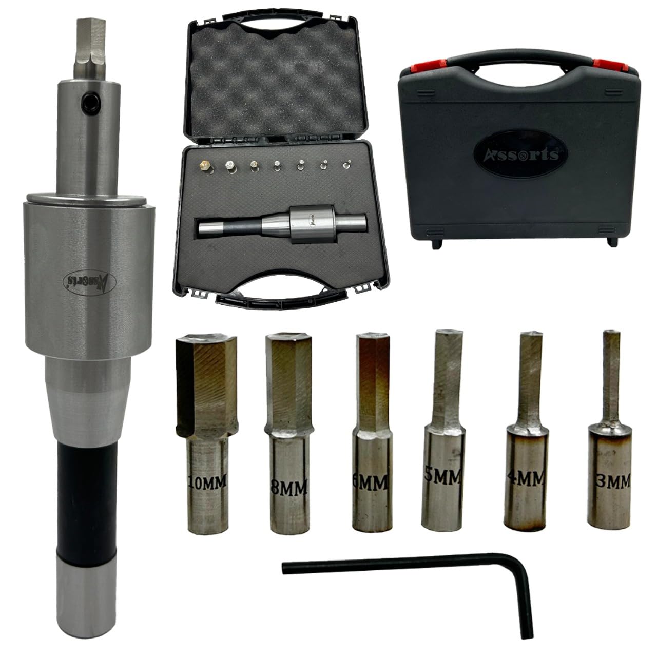 Assorts Newly Developed Rotary Broach (Metric) – R8 Shank (7/16” UNF Drawbar Thread) + 7 PCS H.S.S. Hex Punch Set (3–12 mm)