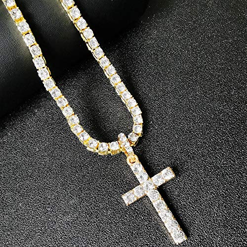 HH Bling Empire Mens Iced Out Hip Hop Silver Gold Artificial Diamond Ankh Cross Pendant cz Tennis Chain Necklace 22 Inch (Cross C -Gold, with Tennis)