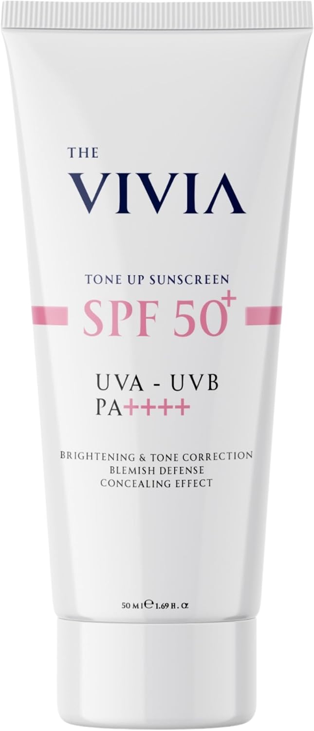 The Vivia Ton Eşitleyici ve Aydınlatıcı, Leke Karşıtı, Yüksek Koruyucu SPF50+ Pembe Renkli Güneş Kremi, 50 ml