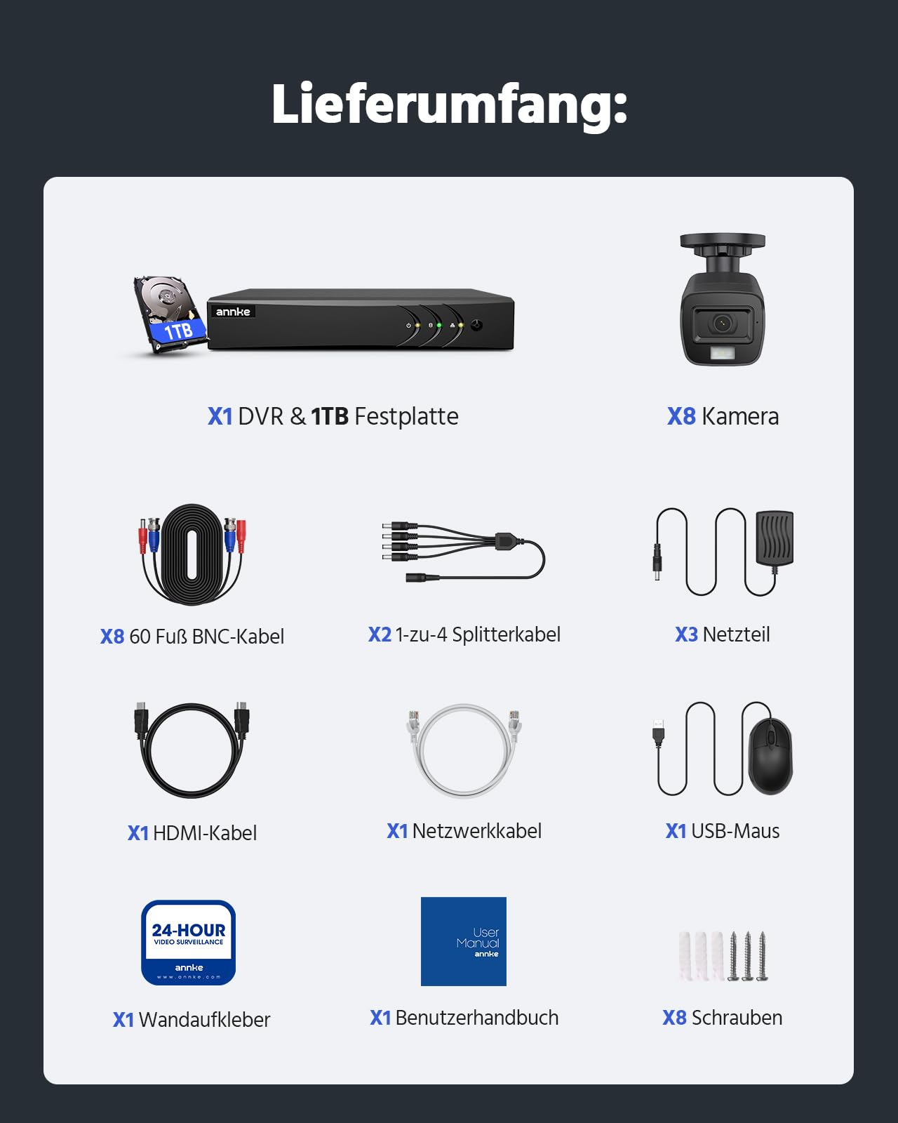 ANNKE 3K Lite 8CH DVR mit Personen- und Fahrzeugerkennung, 8X 1080p Kabelgebundenes Überwachungskamera Set Aussen mit Farb-Nachtsicht, 1TB Festplatte, E-Mail-Alarm mit Bildern, IP67 Wetterfest