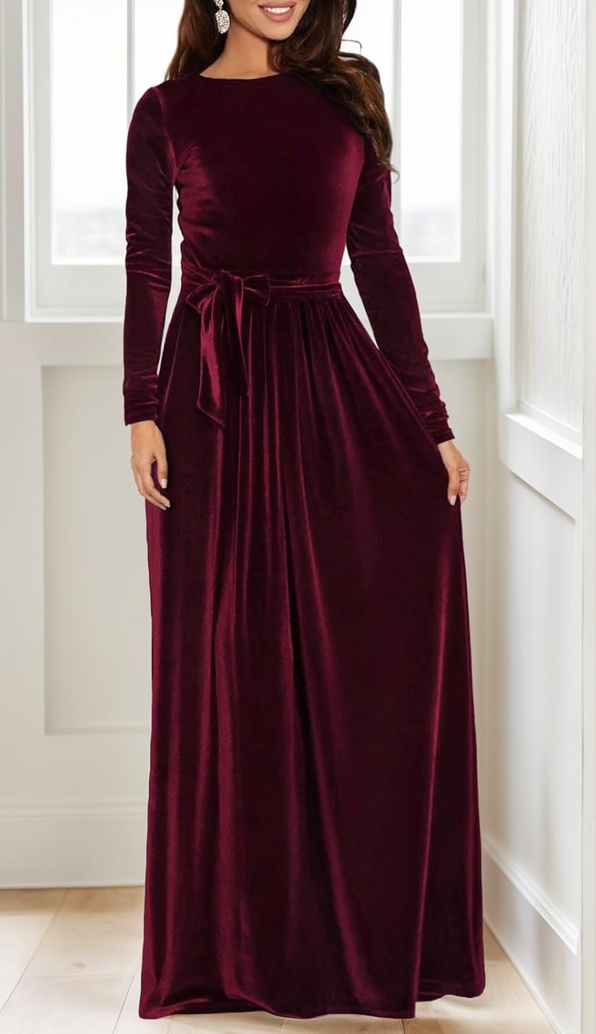 BestGirl Women's Velvet Maxi Dress Crew Neck Long Sleeve High Waist with Belt Cocktail Party Bridesmaid Dresses - Image 4