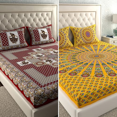 Image of LA VERNE Combo Pack of 2 Double Bedsheet with 4 Pillow Covers | Cotton Double Flat 104 TC Paisley Bedsheet 240 X 220 CM