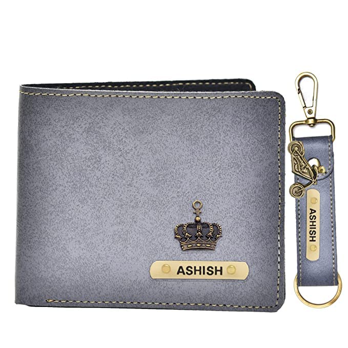 Ahimsa Leather Customized Men's Combo Gift (2 pcs) Leather Wallets and a Key Chain, Grey, Classic