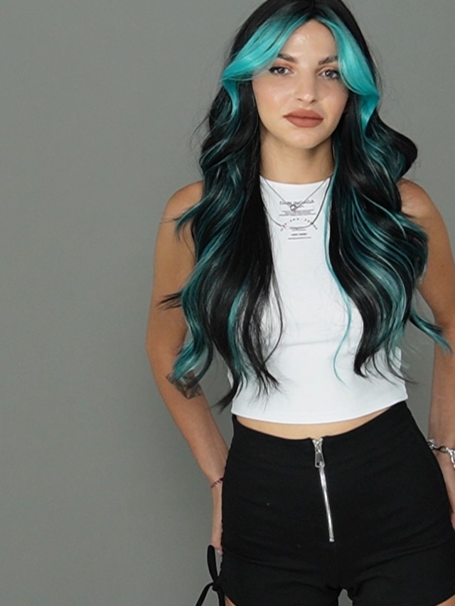 Amazon.com : TRUMOST Black Wigs Teal Highlight Long Wavy Wig 