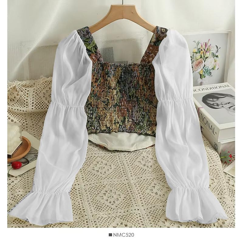 Image of ICW Women French Style Retro Vintage Lace-Up Floral Jacquard Square Neck Smock Puff Sleeve Ruffled Crop Blouse Corset Top Dn29