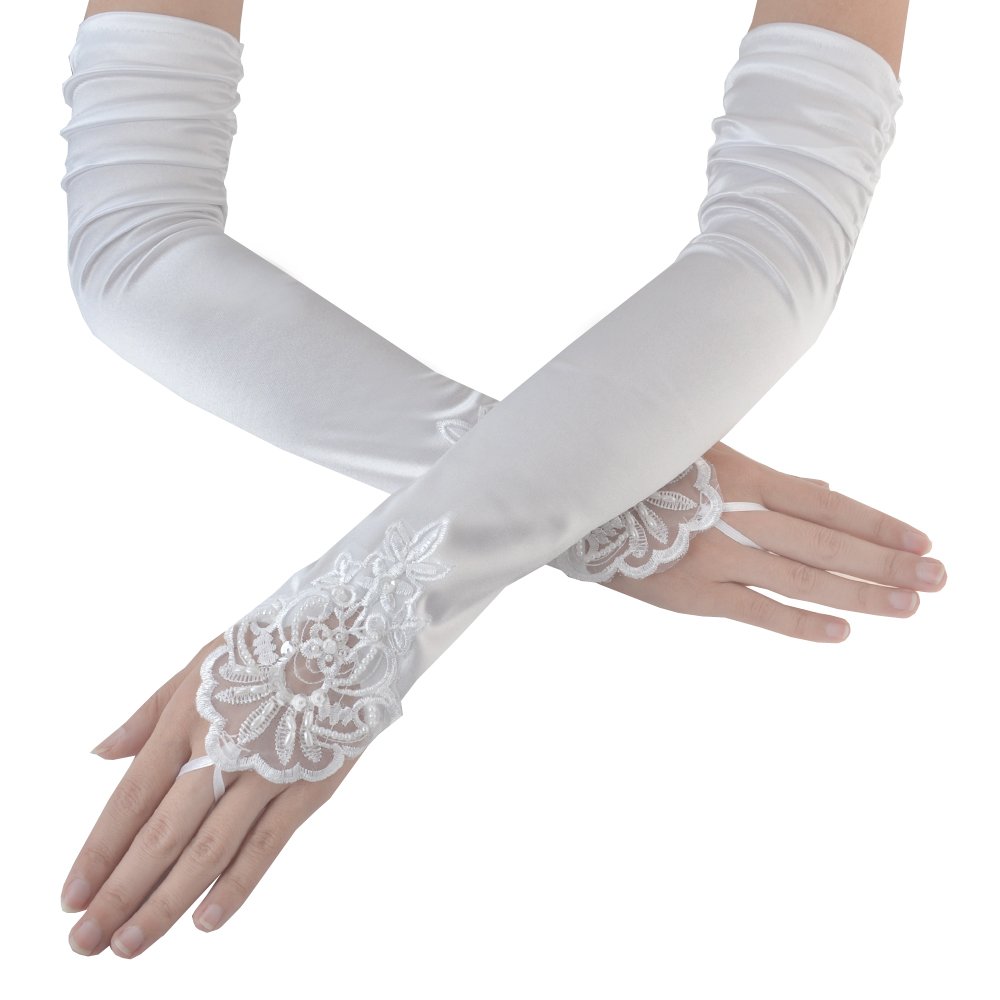 Jisen Women's Fingerless 16.7 Inch White 20S Satin Gloves Formal Bridal Banquet Party Wedding Opera Colorful Mitten, One Size
