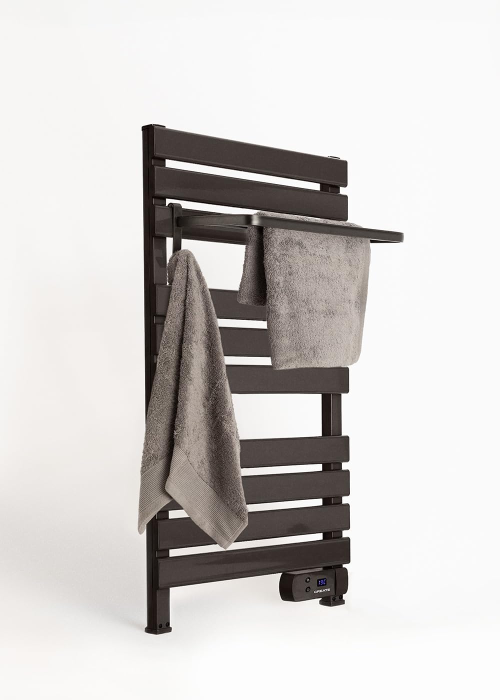 CREATE / Warm Towel 500W / Scaldasalviette Nero con ripiano / 96,9x5x55 cm/per Pavimento o Parete, Timer, Schermo LCD, Basso consumo, termostato.