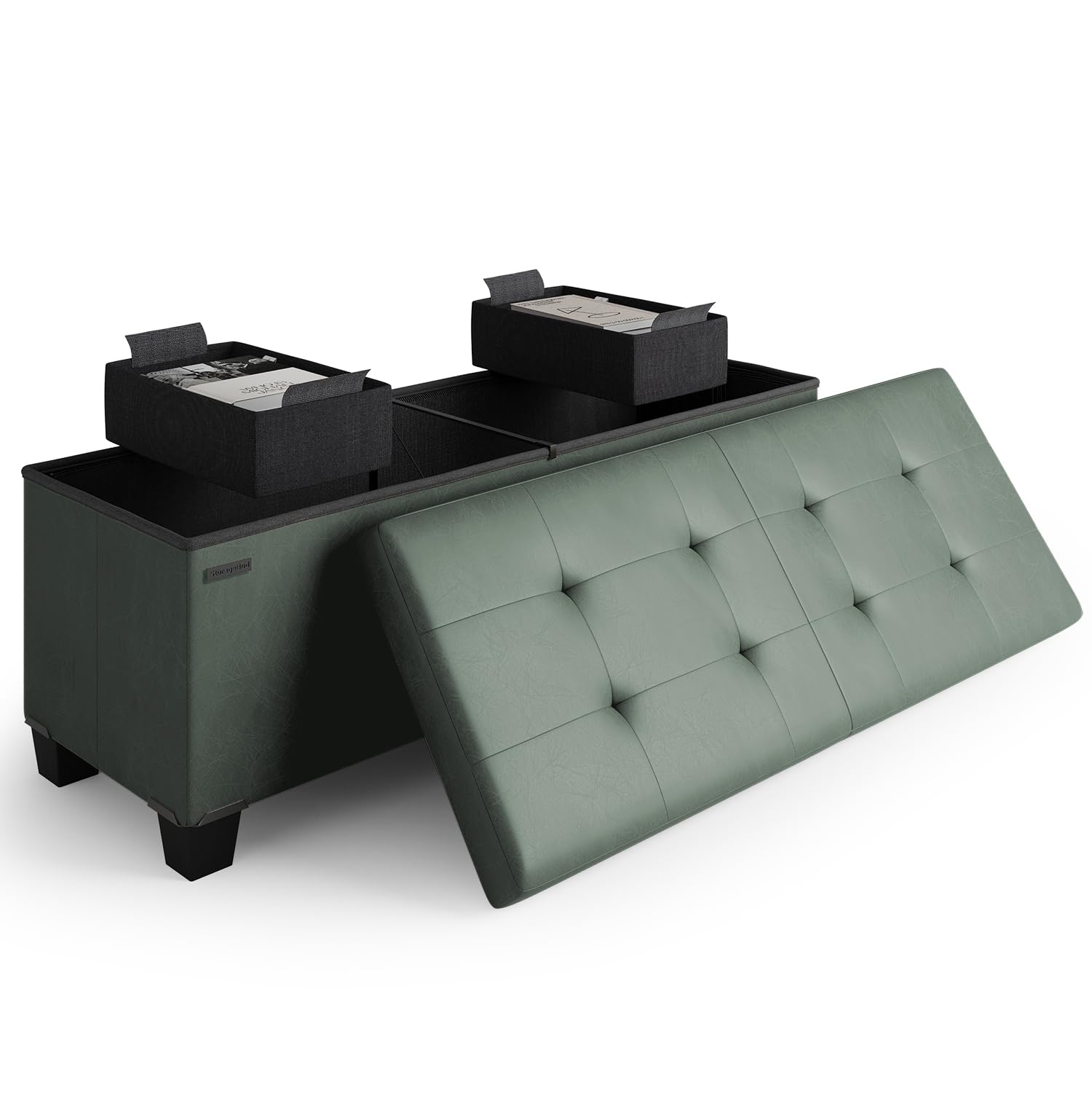 Storage Ottoman Bench with Bins, 43-in Storage Bench for Bedroom End of Bed, Folding Foot Rest Ottoman for Living Room Max 660lbs, Faux Leather