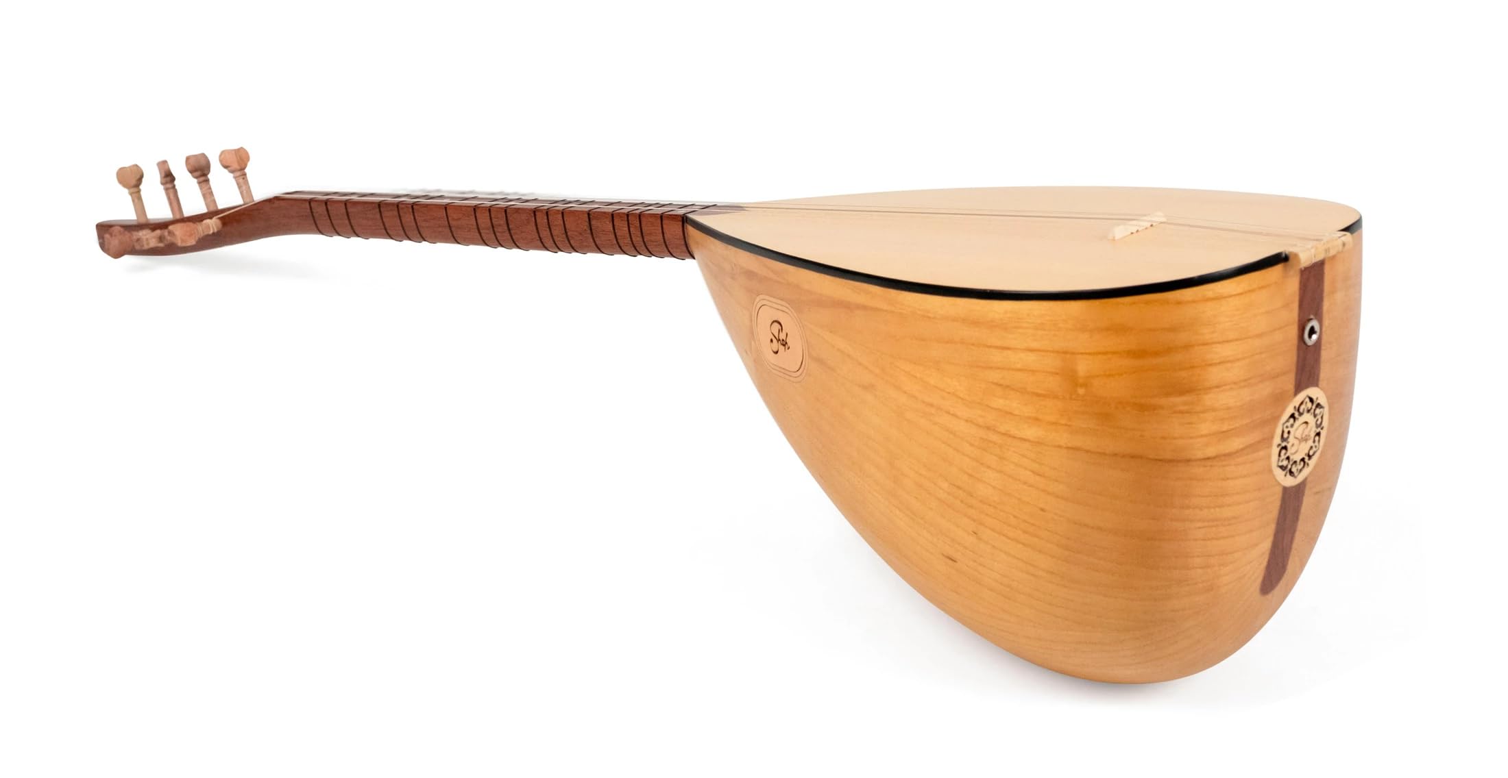 Türkisches kurzes Saz Baglama, Maulbeerholz, eingebauter Tonabnehmer, Saiten, Plektren, Koffer