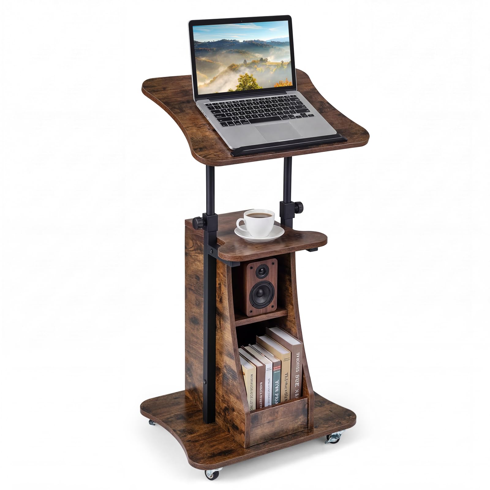 COSTWAY Mobile Laptop Table, Height Adjustable Sit Stand Desk Podium Stand Presentation Cart with Wheels, Shelves and Storage Cabinet, Home Office PC Computer Workstation (Brown, 50 x 40 x 72-112cm)