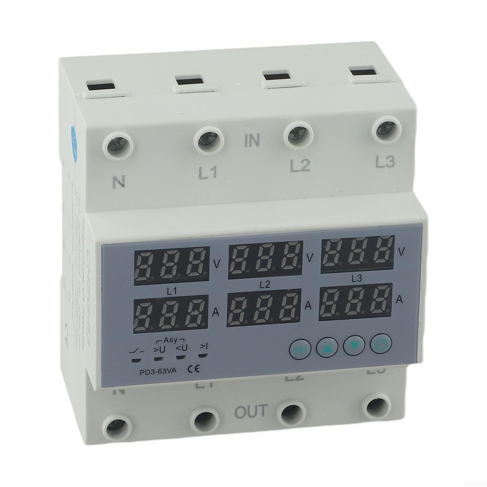 Relé digital trifásico de sobretensión y bajo voltaje con limitador de corriente, interruptor de protección ajustable para 380 V/220 V, fusible de riel DIN 63 A con pantalla LCD para industria y