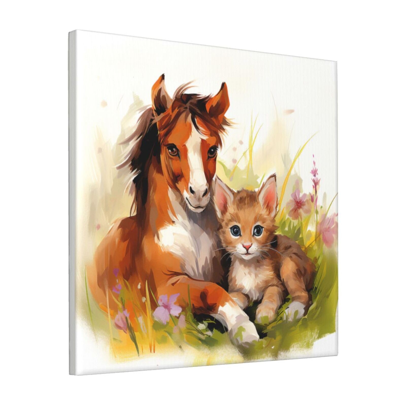FodPand Cute Horse and Cat Canvas Wall Art for Living Room Wall Decor 12"x12" Modern Artwork Painting Pictures Hanging Canvas Prints Aesthetic Wall Art for Bedroom Bathroom Office Wallart Decor