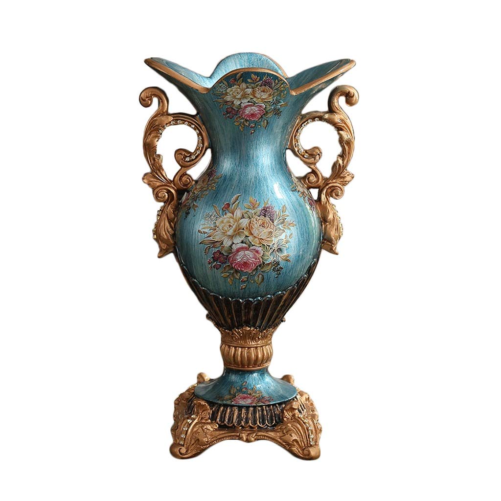 SnamicE Retro Blue Resin Vase Living Room Entrance Floral Arrangement Ornament Creative Hand Painted Art Binaural Large Vase Crafts,Blue,Large,