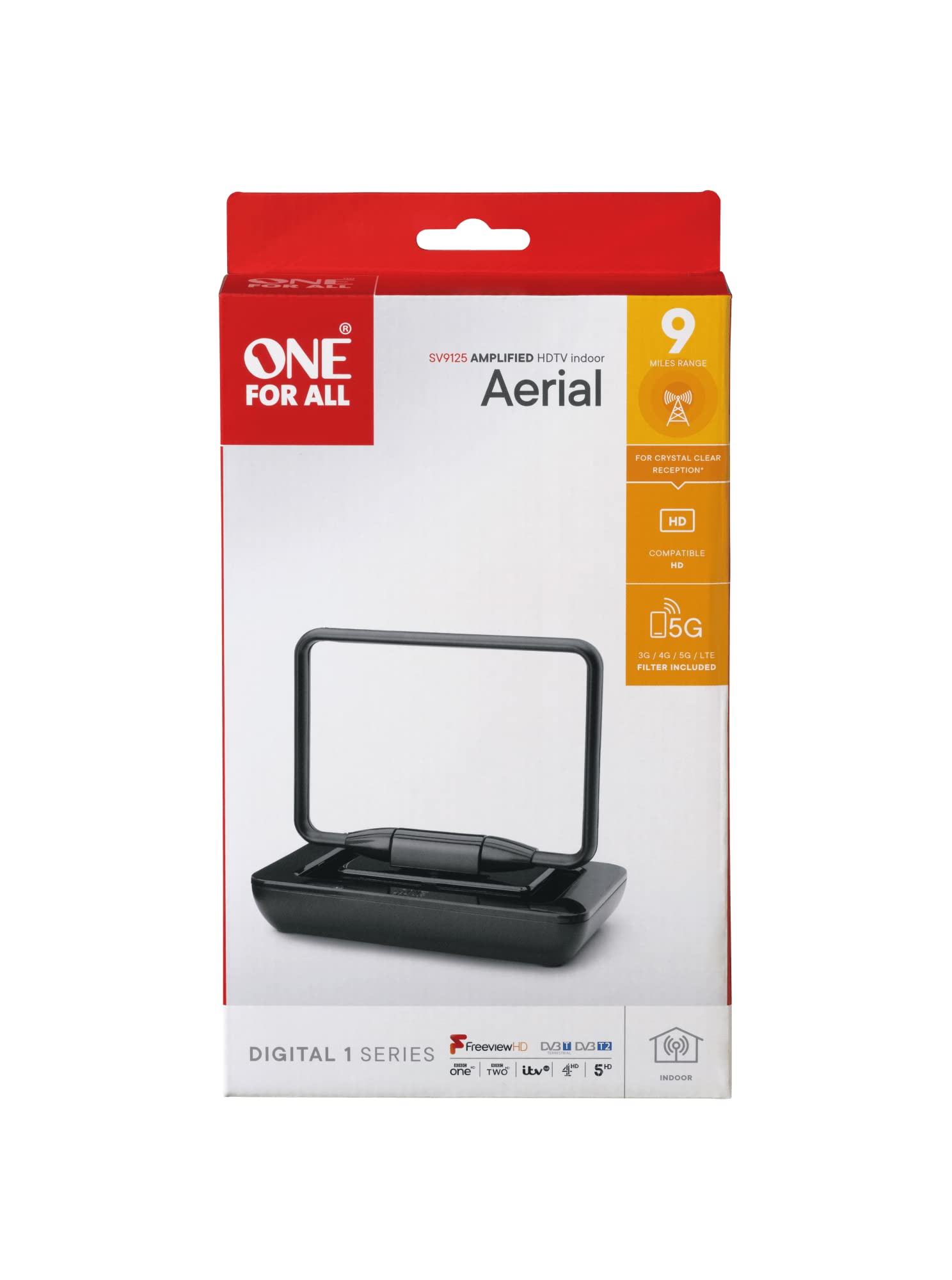 Antenna da Interni Amplificata One For All - Pronta per il Dtt -Antenna TV Digitale HD - Antena Interna Hdtv -Nera - Sv9125, Nero