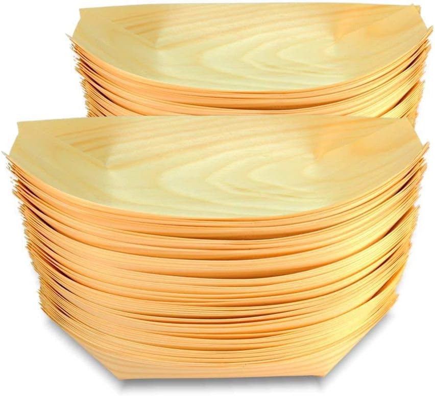 Godskitchen 7" (100pcs) Disposable Bamboo Wooden Boat Finger Food Tableware Wooden Serving Bowls Eco-Friendly Party Plates Perfect Snacks Nibbles Appetizer