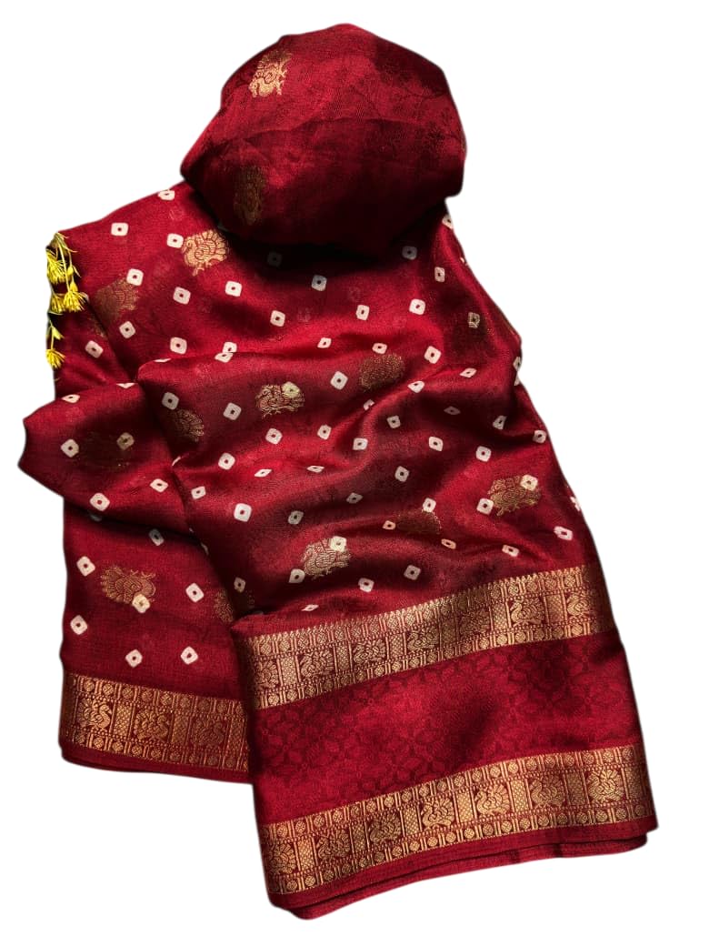 Crepe Muga Silk Saree Bandhani Pattern All Over Rich Kanjivaram Border Floral Printed Pallu With Blouse Piece-image-34