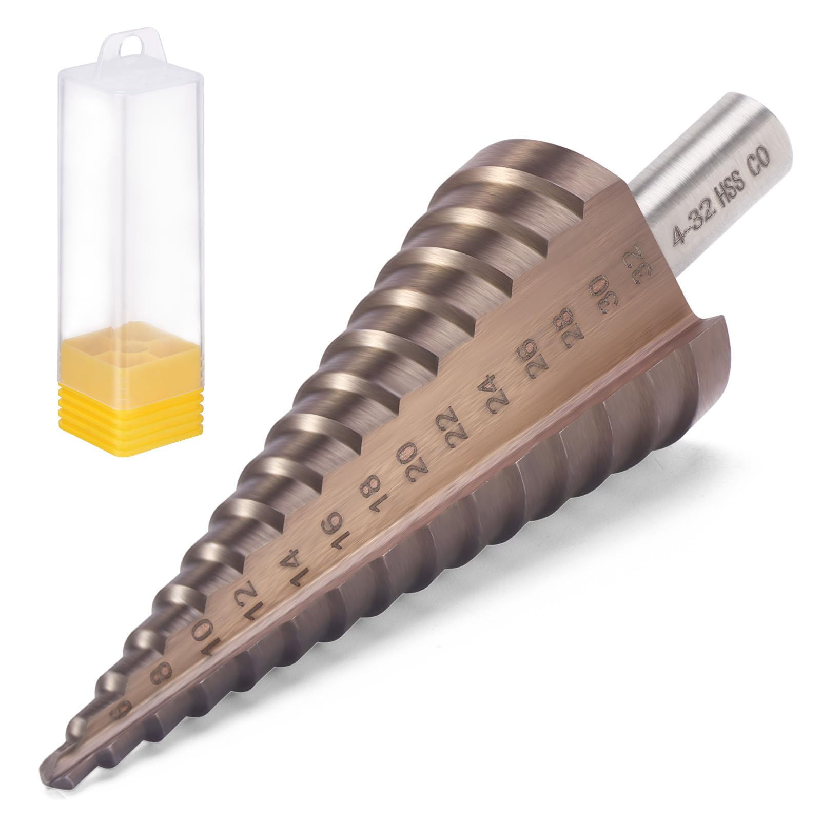 HSEAMALL Broca escalonada HSS cobalto, 4 a 32 mm, broca cónica de metal, broca para chapa para acero inoxidable, metal, madera y plástico (HSS cobalto, dorado)