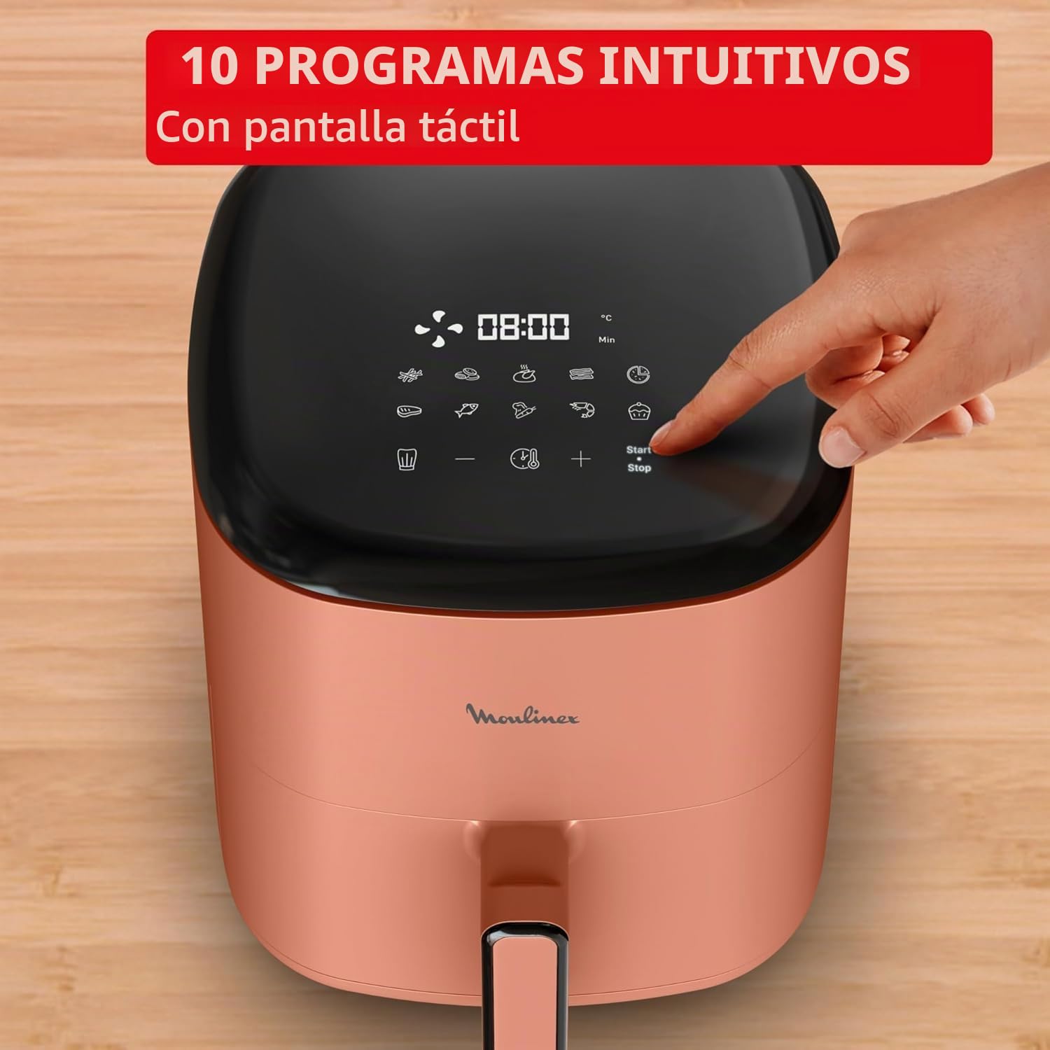 Moulinex Easy Fry POP TERRACOTTA 5L, freidora de aire, hasta 6 personas, 10 programas intuitivos, pantalla táctil digital, ahorro de tiempo y energía, EZ245TF0