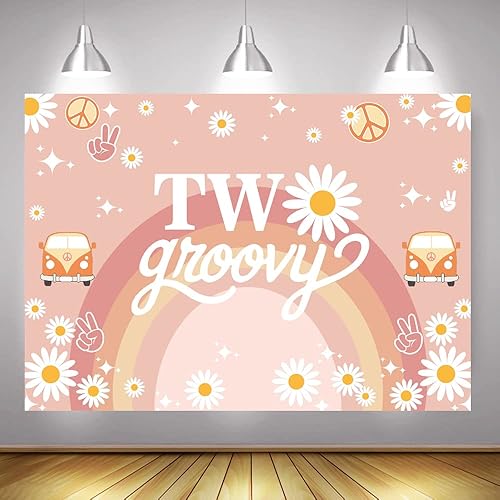 Miniatura 6 de Mocsicka Fondo de 2 cumpleaños Groovy con texto en inglés "Two Groovy" para decoración de fiesta de cumpleaños de 2 cumpleaños, margarita, hippie,