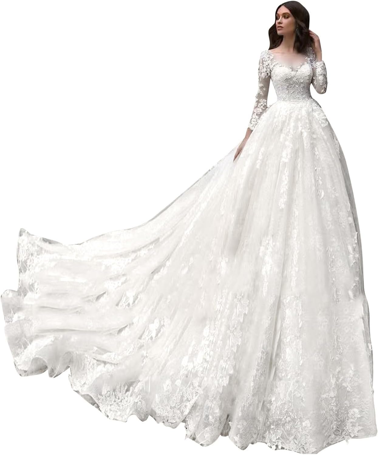 Tulle Wedding Dresses for Bride with Lace Appliques A Line Women Dress Long Sleeves Beach Bride Dress HS006