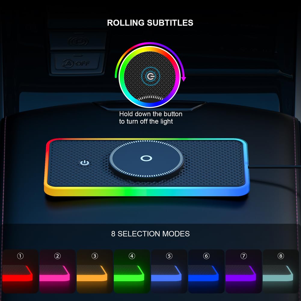 1 caricabatterie wireless per auto, 20 W, ricarica rapida con luce RGB, tappetino antiscivolo per iPhone per Android, supporto magnetico per cruscotto auto, ABS nero, uso domestico e auto (cavo