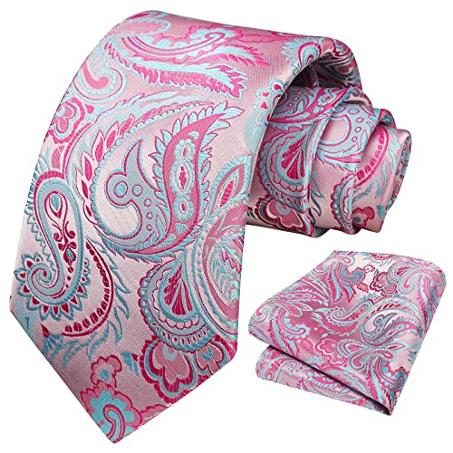 HISDERN Pink Mens Ties Paisley Tie and Pocket Square Set Formal Business Ties for Men Handkerchief Woven Classic Men's Necktie & Wedding Party