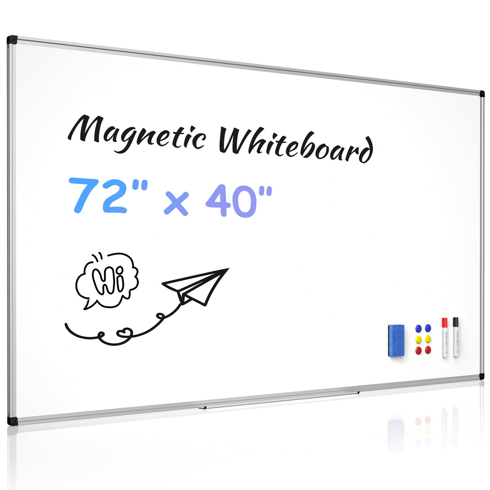 Magnetic Dry Erase Whiteboard - 40 x 72 Inch White Board - Large Wall-Mounted Board with Silver Aluminum Frame, 1 Magnetic Eraser, 2 Pens, Detachable
