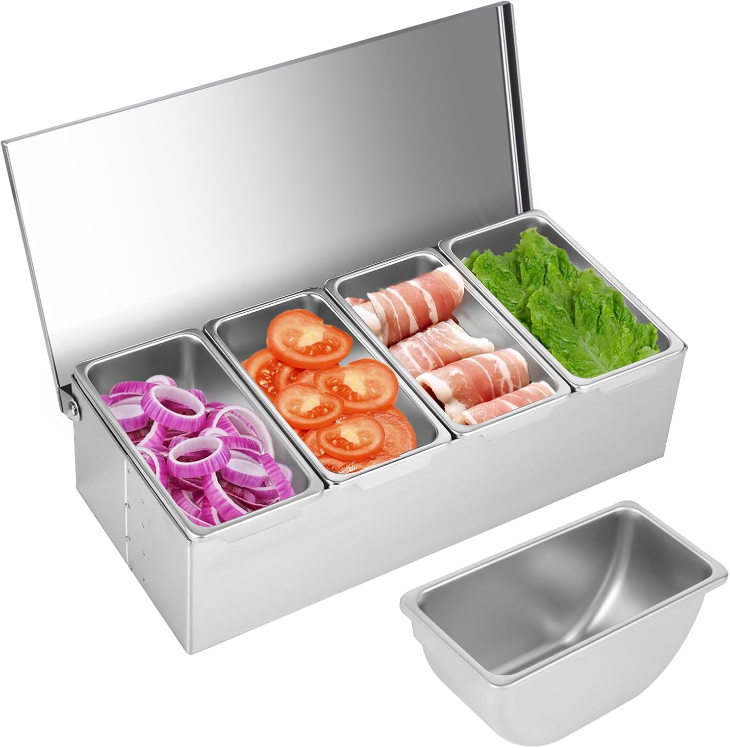 Pizza Topping Station, Stainless Steel Pizza Topping Station with 4 Removable Containers for Salad Bar and Nacho Bar and Grill Table Pizza Topping Station, Stainless Steel Pizza Topping Station with 4 Removable Containers for Salad Bar and Nacho Bar and Grill Table