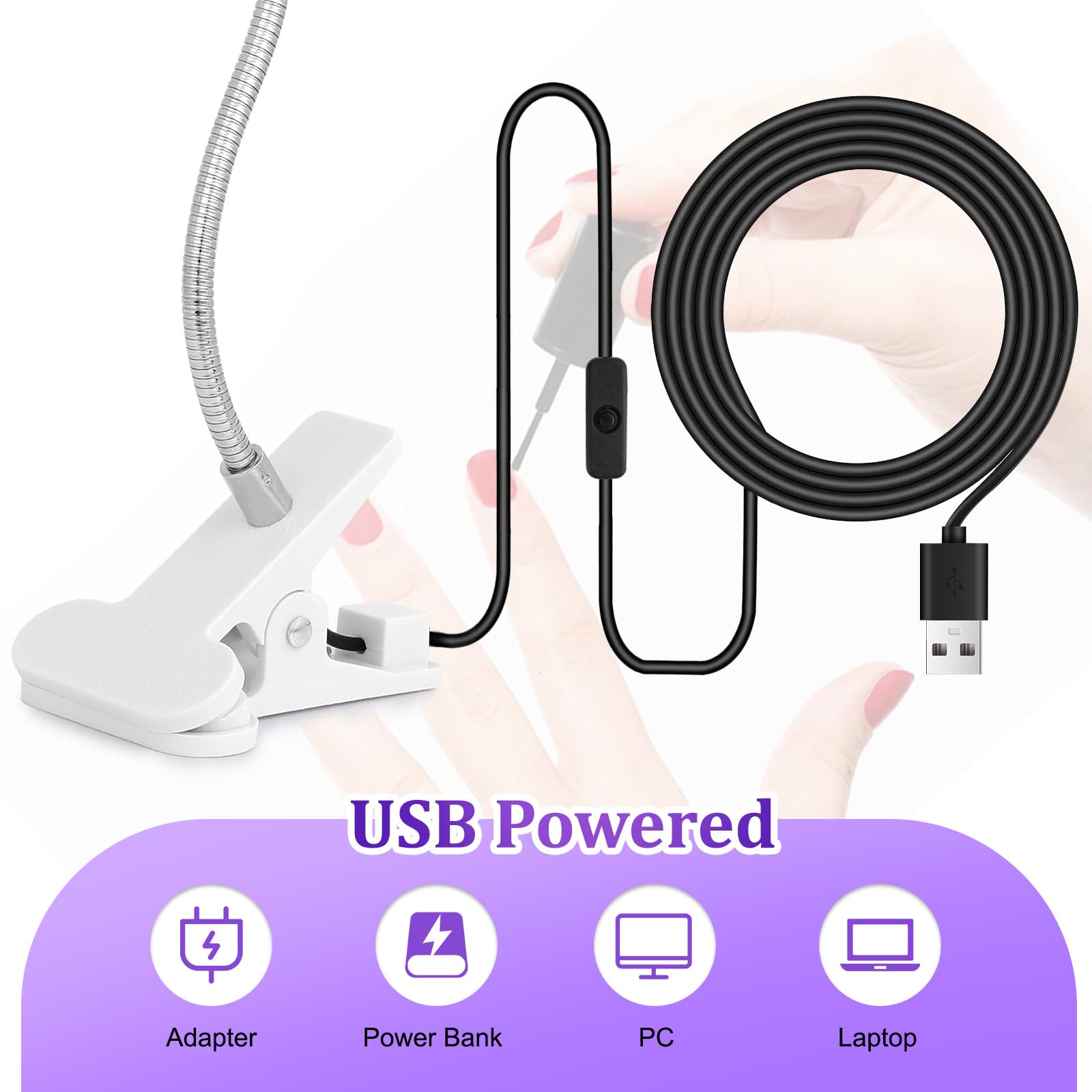 AiQInu Lampada UV LED Unghie, 3W Lampada Unghie Regolabile, Lampada UV Portatile per Gel con Clip, con USB (Argento)