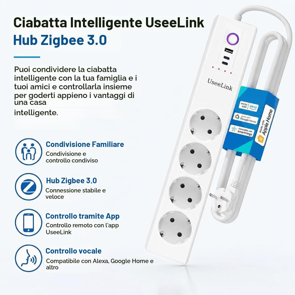 UseeLink Zigbee protezione da sovratensione ciabatta 10A 4 prese CA interruttori individuali 2 protezione da sovraccarico timer USB nessun hub richiesto Certificato CE Bianco
